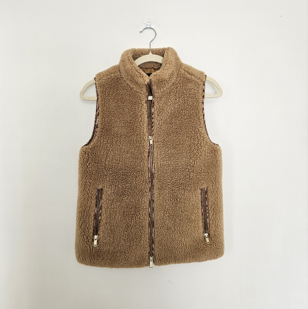 J. Crew Tan Fleece Vest with Stand-Up Collar